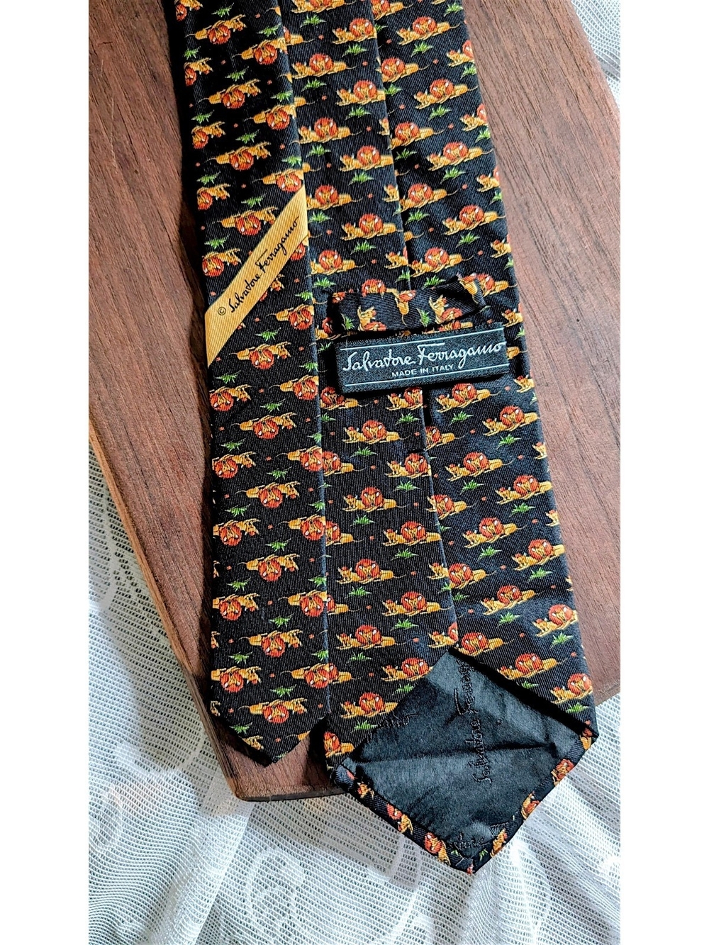 Salvatore Ferragamo Black Lion + Cub Animal Print Italian Silk Tie Classic VTG